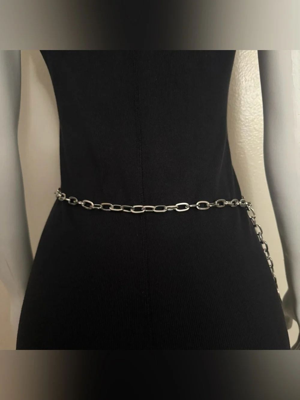 Silver tone metallic charms skinny chain belt